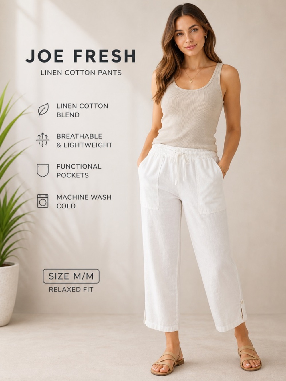 Joe Fresh Cream Relaxed Linen-Cotton Cropped Pants
